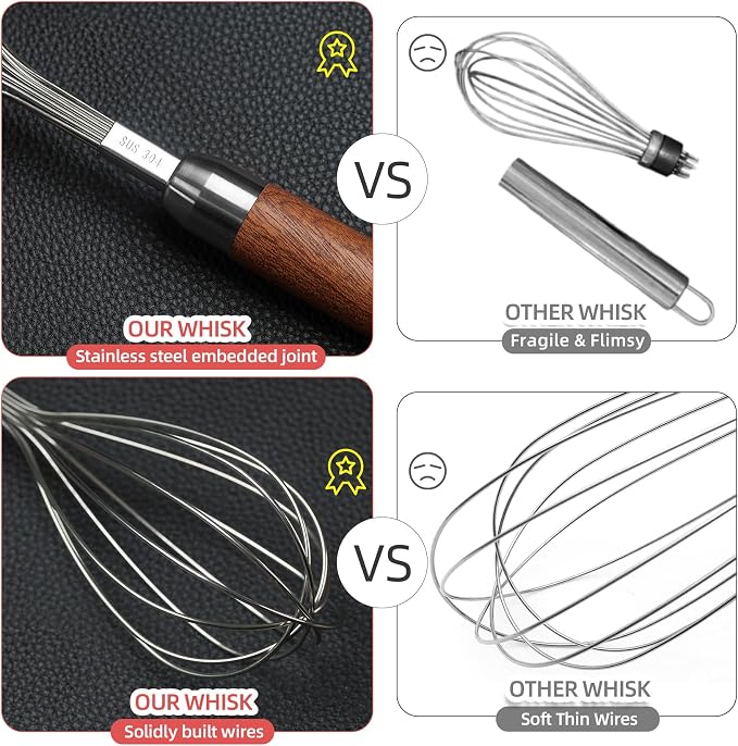 Whisk for Cooking,Stainless Steel Wire Wooden Handle Kitchen Multi Function Non Stick Balloon Whisk Egg Beater for Blending Whisking Beating Frothing Stirring Batters (11"L x 2.1"W)