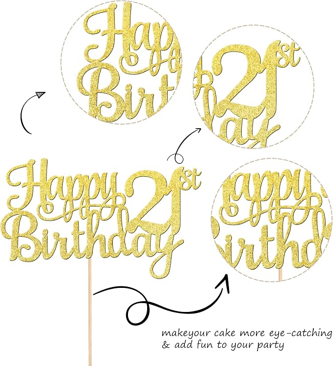 1 PCS Happy 21st Birthday Cake Topper - Gold Glitter Cheers to 21 Years - Fabulous Cake Decoration for 21st Birthday Theme Party