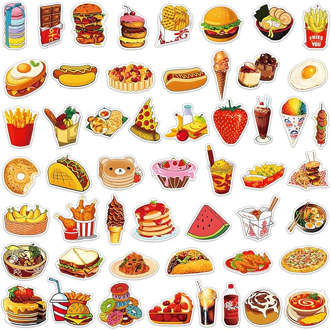 200Pcs Food Stickers for Kids Adults, Waterproof Snack Bread Fruit for Water Bottle Laptop Scrapbook Luggage, Cute Decals for Boys Girls