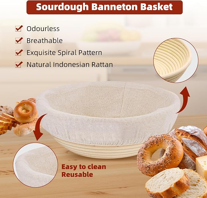 Bread proofing baskets for sourdough 19-Piece Set ，9" Round & 10" Oval Sourdough basket，Sour dough tools，Including bread pull ring, dough mixer,Complete Sour dough starter kit
