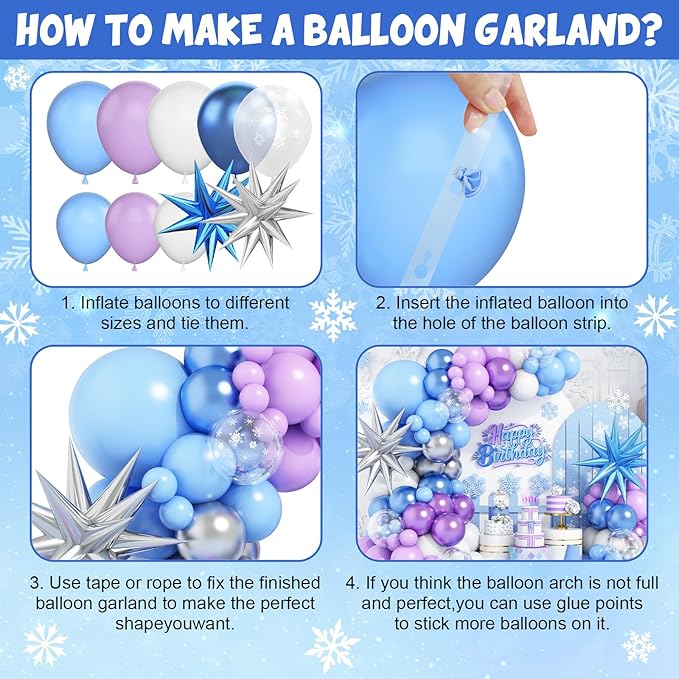 Snow Balloon Garland Arch Kit with Star Foil Balloons, Snow Birthday Party Supplies, Blue Purple White Snowflake Balloons Arch Kit for Princess Winter Wonderland Girl Baby Party Decorations