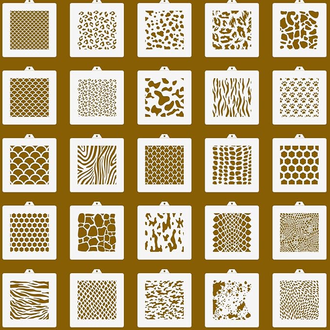 25 Pcs Cookie Stencils for Baking, Honeycomb Mermaid Scale Leopard Tiger Snake Texture & Dog Paw Print Patterns, Royal Icing Airbrush Cake Stencils for DIY Desserts & Party Crafts Reusable