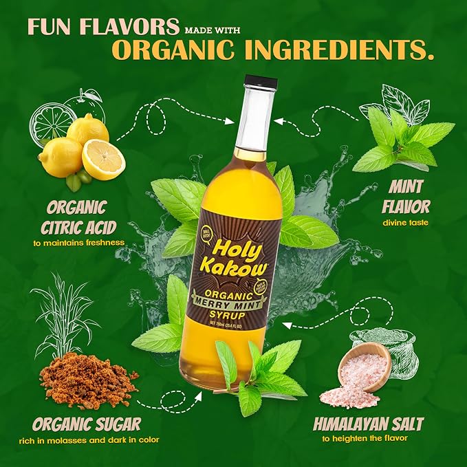 Holy Kakow Cafe Organic Mint Syrup - Mint Syrup, Coffee Syrup, Organic Syrup for Coffee, Mint Syrup for Coffee, Add to Latte, Cocktail and Shake, Real Food Ingredients, Specific Flavor - 750ml