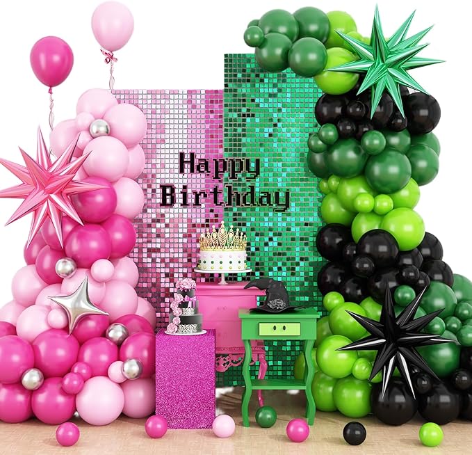 Pink Green Black Balloon Arch Kit with Star Foil Balloons, 155 PCS Witch Theme Party Balloon Garland for Girls Princess Witch Theme Birthday Party Backdrop Decorations Supplies