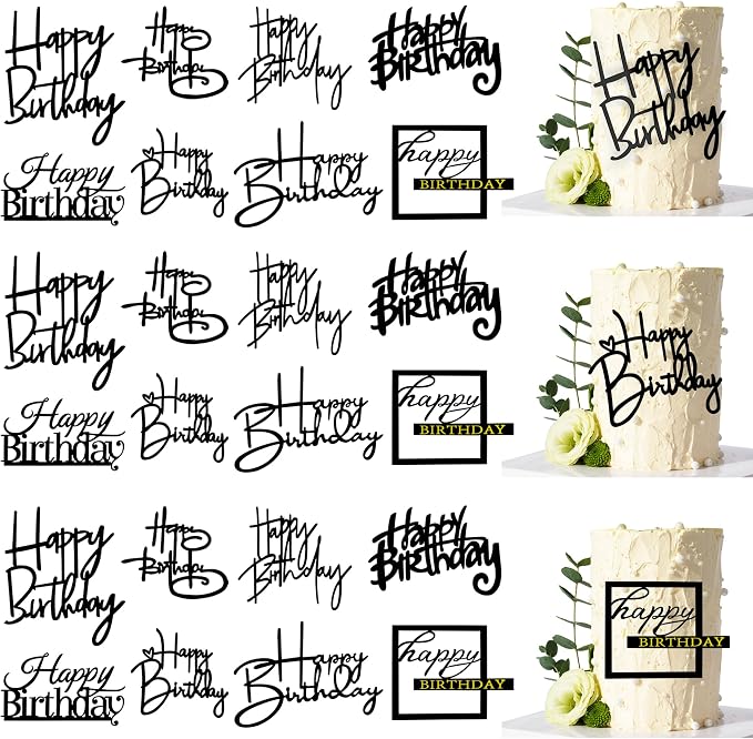 24 PCS Black Happy Birthday Cake Toppers Mirror Acrylic Side Cake Decorations 8 Styles