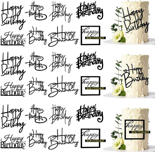 24 PCS Black Happy Birthday Cake Toppers Mirror Acrylic Side Cake Decorations 8 Styles