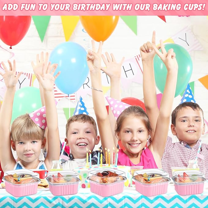 200 Pack 5 oz Mini Cake Pans with Lid, Aluminum Foil Mini Baking Tins, Square Disposable Cupcake Baking Cup Dessert Container for Wedding Birthday Party Picnic(Pink,Classic)