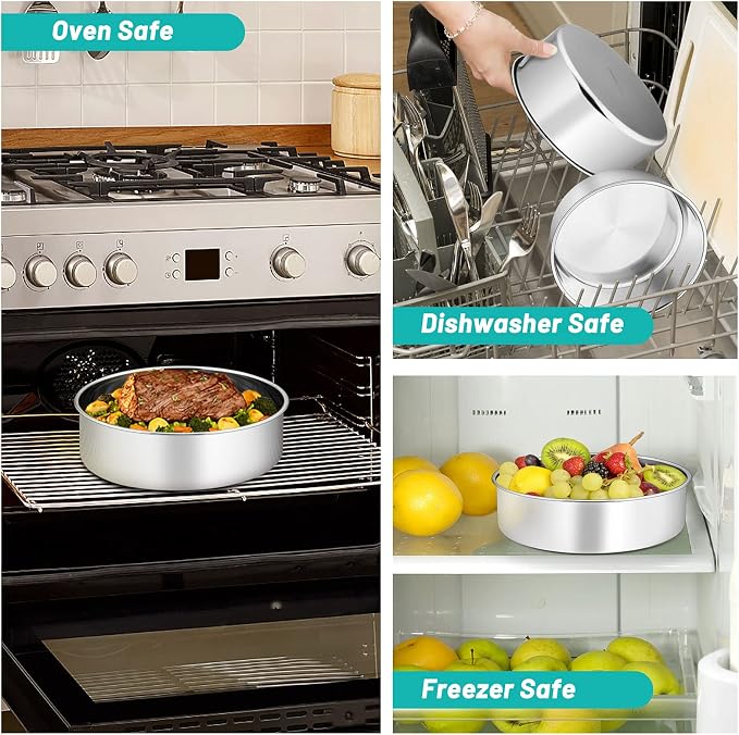 TeamFar 6/8 / 9 Inch Cake Pan, Stainless Steel Round Baking Pan for Cake Brownie Lasagna, Non-Toxic & Heavy Duty, 3” Deep Wall & One Piece, Smooth & Dishwasher Safe-Set of 3