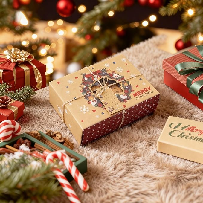 12 PCS Christmas Cookie Boxes for Gift Giving, Christmas Bakery Treat Boxes with Window, Holiday Cookie Boxes with Ribbons and Tags for Xmas Party Supplies Cookie Containers Treat Tins