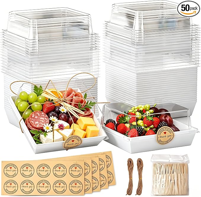 50Pcs Small Charcuterie Boxes with Clear Lids 5x5 Inch | Disposable Dessert Containers with Lids,White,Oil-Proof,Leak-proof,with Strings,100 Stickers&Forks,for Cookie Sandwich Party
