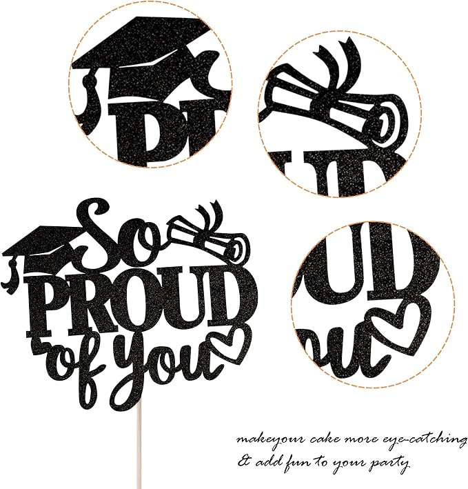 1 Pack So Proud of you Cake Topper with Gold Glitter Diploma Graduation Cap Cake Pick Contrats Class of 2024 Cake Decorations for 2024 Graduation Theme High School Boys Girls Graduate Party Black