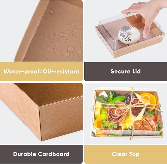 Leafiew 50 Pack 7x5 Inches Charcuterie Boxes with Clear Lids - Individual To Go Paper Charcuterie Board with Lid, Disposable Food Containers for Desserts, Cookie, Food, Charcuterie Accessories