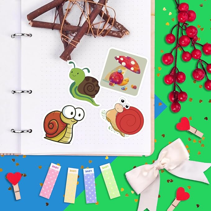 BulbaCraft 100Pcs Snail Stickers for Water Bottle and Laptop - Snail Party Supplies & Decorations, Waterproof Vinyl Decals, Cute Animal and Nature Stickers, Gifts for Women & Men