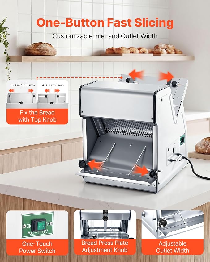 VEVOR Electric Bread Slicer, 370W 1680RPM Bread Slicing Machine, Stainless Steel Countertop Bread Cutter Machine for 12mm Slice Thickness, Commercial & Home Use for Bakeries Restaurants, 120V