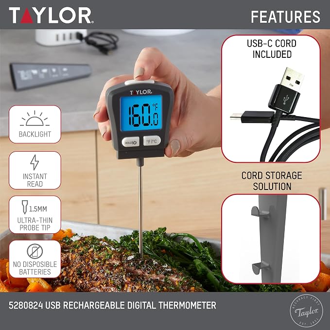 Taylor USB Rechargeable Digital Instant Read Food Thermometer, Gray