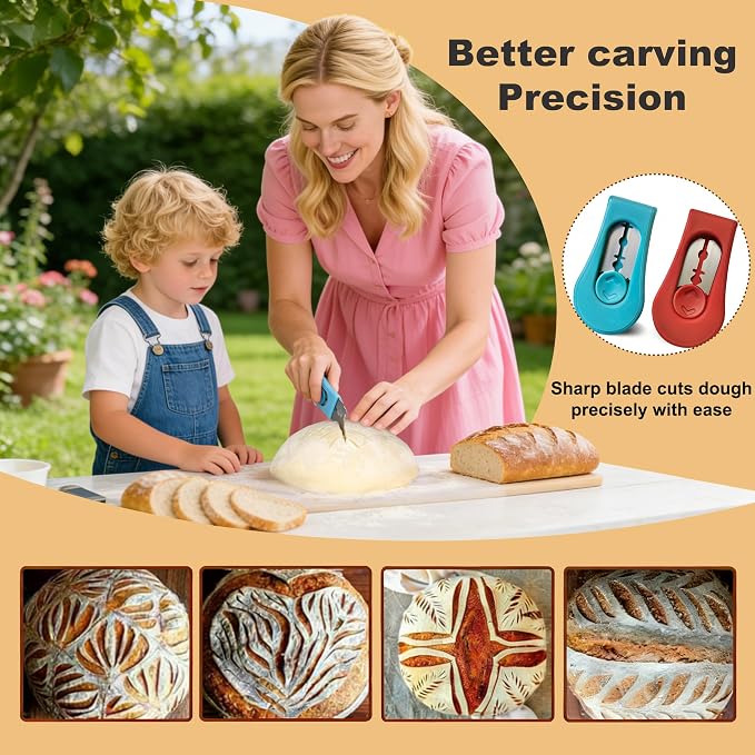 2pcs Magnetic Bread & Sourdough Lame Tool Set, Scoring Tool for Sourdough Bread, 10pcs Stainless Steel Blades, 2-in-1 Magnet Box Cutter, Multi-Use for Baking Office Picnics Kitchen Home (Red&Blue)
