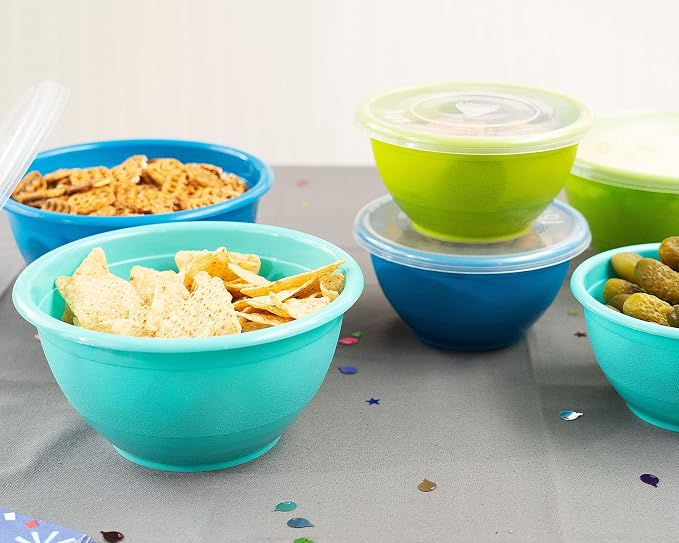 Stephanie Imports Made in USA 6-Piece Set of Prep & Store Plastic Bowls with Clear Lids (BPA-Free and Dishwasher Safe) - Blue, Teal and Green