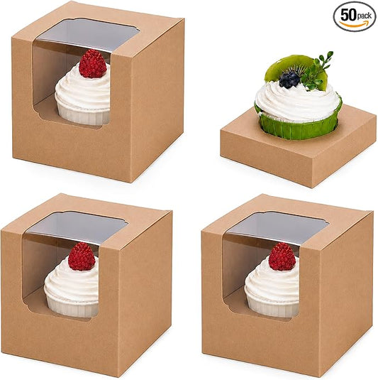 NPLUX 50 Pcs Cupcake Boxes Individual Cupcake Containers Pre-Assembled Single Cupcake Boxes 3.5"x3.5"x3.5" with 50 Pcs Inserts for Cupcakes Muffins Party Favors(Brown)