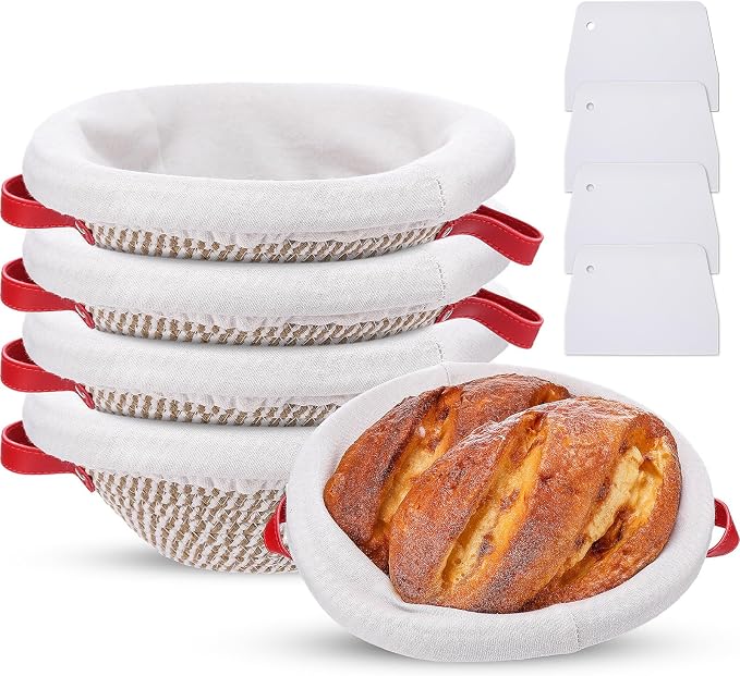 Gejoy 4 Pcs 9.1 Inch Cotton Rope Banneton Bread Proofing Basket Set Round Bread Baskets with Liners & Covers Proofing Baskets for Sourdough Baking with 4 Strickle for Home Bakers Wife (Yellow, White)