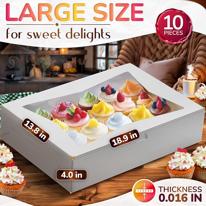 10Pcs Half-Sheet Cake Boxes 19x14x4" - White Bakery Boxes with Window, Pastry and Dessert Box Set for Holiday Desserts Gifts & Presentation, Glossy Flip Top Boxes for Cakes, Cupcakes, Cookies & Donuts
