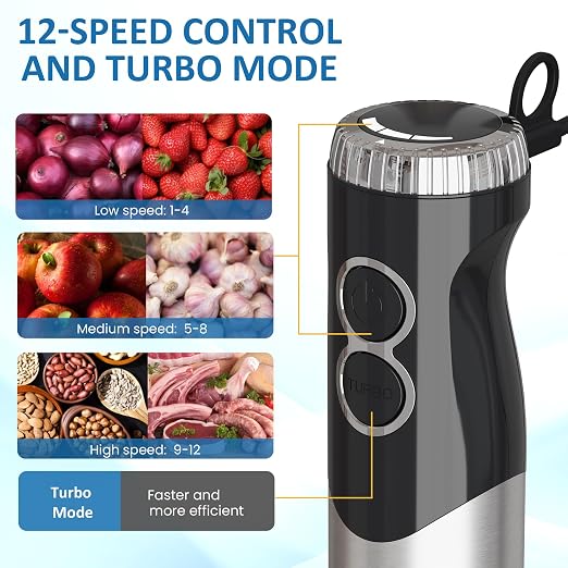 1000W Professional Hand Blender, 12-Speed Heavy Duty Immersion Blender with 10 Attachments, 20OZ Food Chopper, Stainless Steel Whisk, Milk Frother for Home Kitchen Use