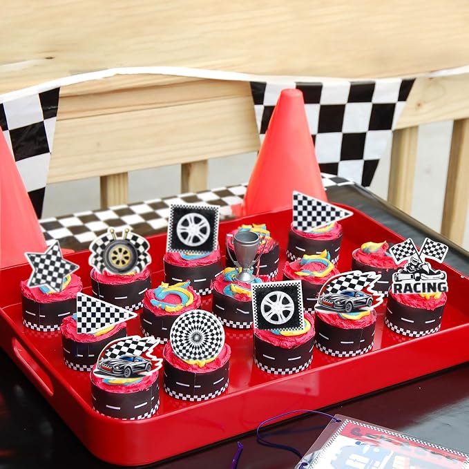 40Pcs Edible Racing Car Wheels Cupcake Toppers Black White Checkered Flags Cupcake Picks for Racing Car Baby Shower Race Car Boys Birthday Party Cake Cupcake Decorations