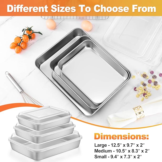 Herogo Baking Pan with Lid (2 Pans + 2 Lids), 9 x 12 Inch Stainless Steel Lasagna Baking Sets Deep, for Cakes Brownies Casseroles, Dishwasher Safe