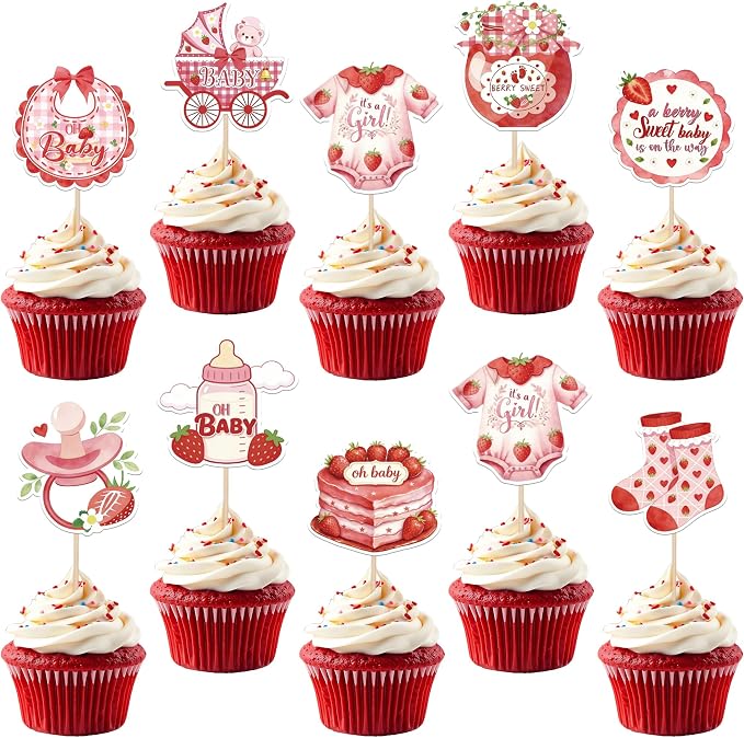 36 Pack Baby Shower Cupcake Toppers Double SidedBaby Bear Socks Clothes Strawberry Cupcake Picks A Berry Sweet Baby On The Way Cake Decorations for Gender Reveal Birthday Party Supplies