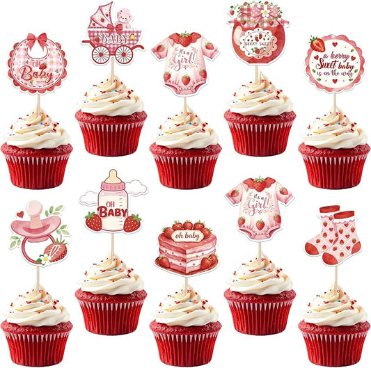 36 Pack Baby Shower Cupcake Toppers Double SidedBaby Bear Socks Clothes Strawberry Cupcake Picks A Berry Sweet Baby On The Way Cake Decorations for Gender Reveal Birthday Party Supplies