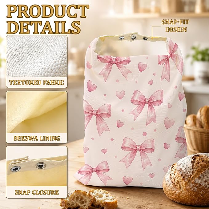 2 Pack Reusable Beeswax Pink Bow Bread Bags, Sourdough Bread Sweet Hearts Storage for Homemade, Freezer Storage Bag to Keep Fresh, Baguette Bag with Beeswax Liner Kitchen Baking