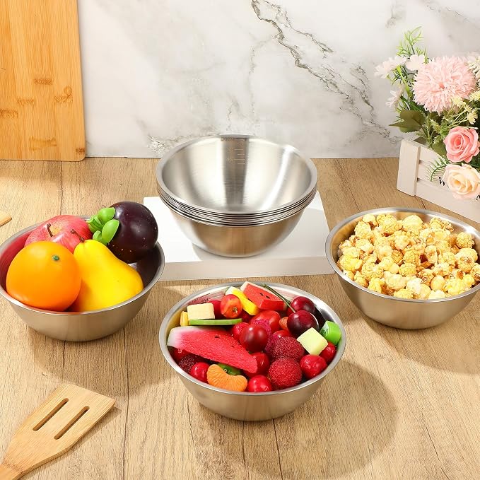 Honeydak 12 Pcs 304 Stainless Steel Mixing Bowls with Graduations, 31 oz Salad Bowls Metal Serving Reusable Baking Food Storage Containers for Baking, Cooking, Making Salads, Soups, Ice Cream, Noodles
