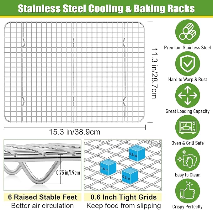 Homikit 2 Pack Cooling Racks, 15.3 x 11.3 Inch Stainless Steel Large Baking Rack Set for Roasting Grilling, Bacon Bread Pizza Cookie Oven Wire Rack Fits 16x12 Sheet Pan, Rust Free & Dishwasher Safe