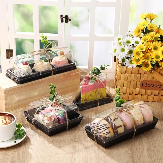 LemonRoad 100 Sets 4 Styles Charcuterie Boxes with Clear Lids Cake Slice Containers with Eucalyptus Leaves Plastic Bakery Packaging Supplies for Cake Snack Dessert Cookie Sandwich(Black)