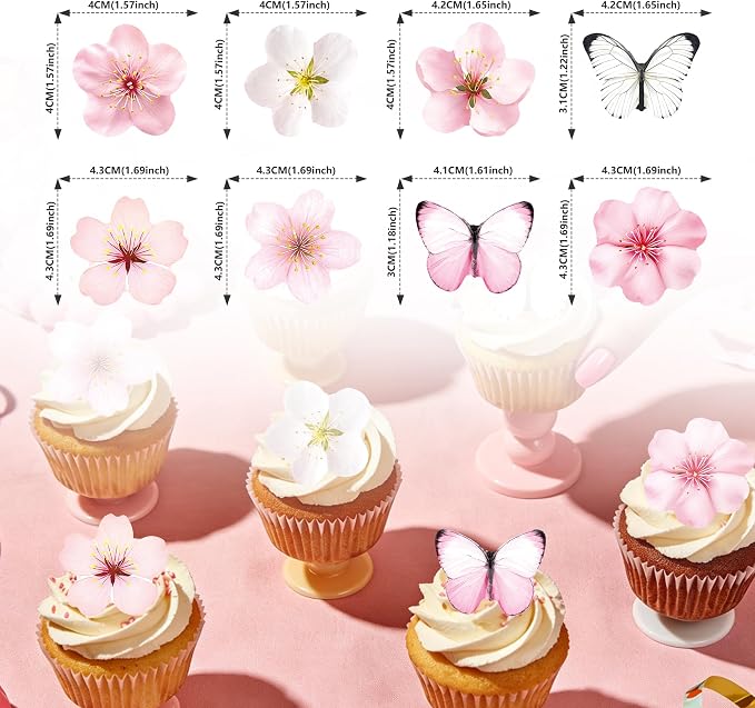 72 PCS Edible Cherry Blossoms Butterfly Cupcake Toppers Wafer Paper Flowers Cake Decorations Ideal for Baby Shower Kids Birthday Party Decorations Edible Flowers Cake Decorations for Celebrations