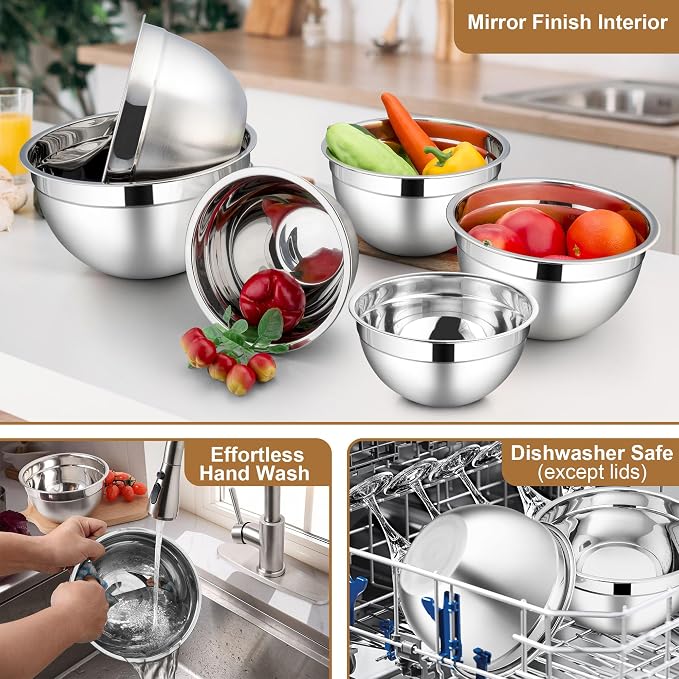 LIANYU 6 PCS Large Mixing Bowls with Visible Lids Set, Size 7, 3.5, 2.5, 2, 1.5, 1QT, Stainless Steel Kitchen Metal Nesting Bowls for Cooking, Baking, Serving, Freezer & Dishwasher Safe, Khaki