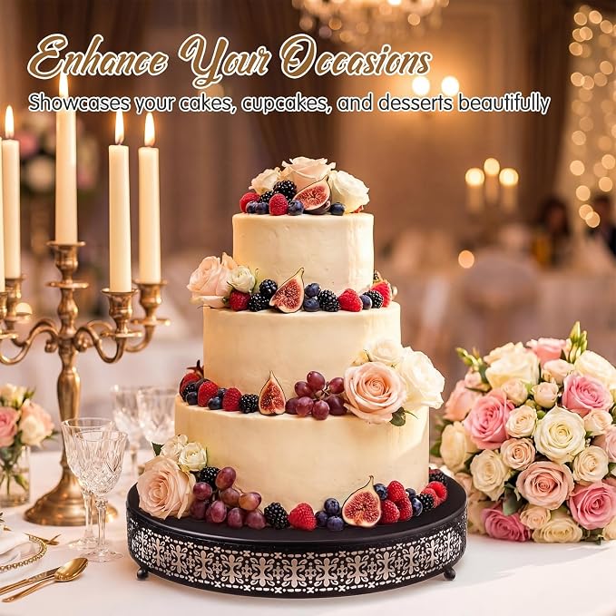 Wenqik Black Cake Stand 14 Inch Metal Round Cupcake Dessert Wedding Cake Stand with Cutting & Spatula Cookies Display Holder Fruit Serving Tray for Table Wedding Birthday Anniversary Party