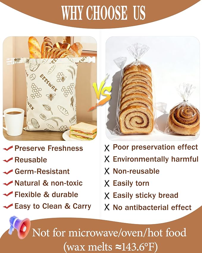 Reusable Lorine Beeswax Bread Bags For Homemade Bread & Sourdough Bread - 2 Packs 17x12 inch Organic Cotton Linen Bread Bag, Eco-Friendly Freshness Lock with Secure Buckle & Roll-Top Handle