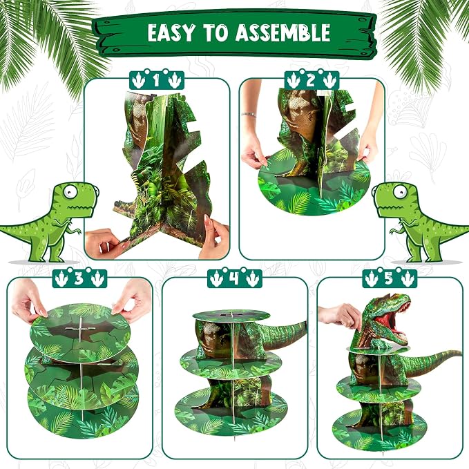 BACUTHY 2 Pack Cupcake Stand Dinosaur Birthday Party Decorations Favors, Dinosaur Cup Cake Toppers Towers Three Rex Baby Shower Supplies for Boy&Girl