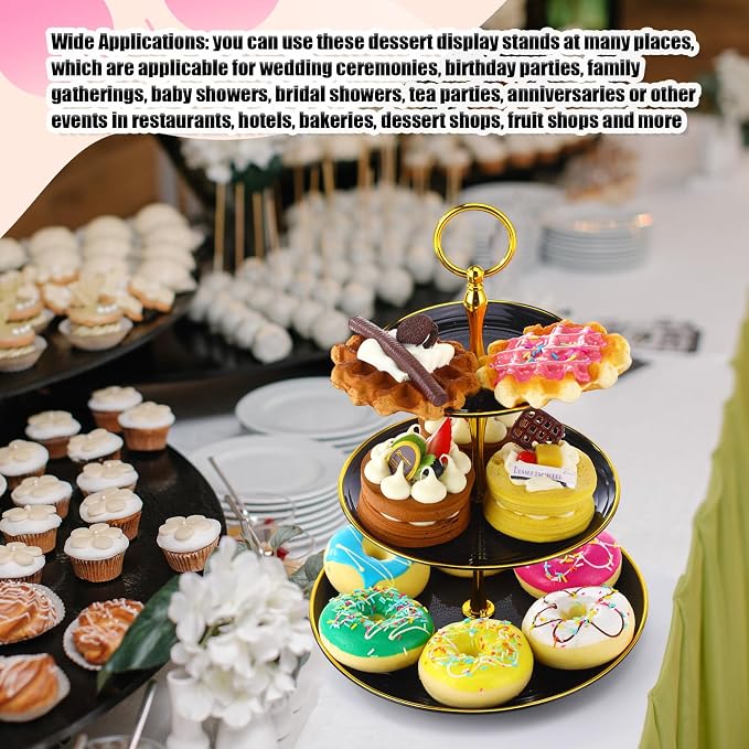 Teenyyou 8 Pack 3 Tier Cupcake Stand Bulk Tiered Dessert Stand Thick Plastic Serving Tray with Gold Edges Dessert Table Display Set Tea Cake Holder for Wedding Birthday Party(Black,Round)