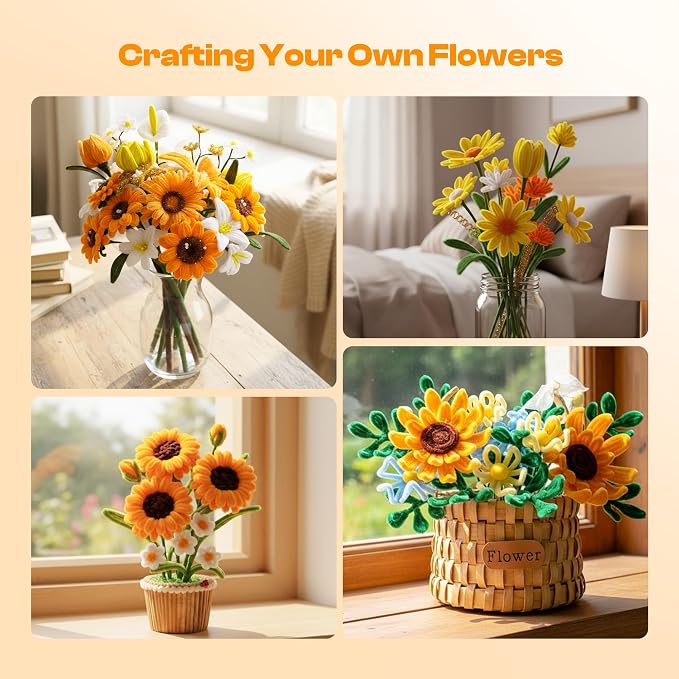 Caydo 700PCS Pipe Cleaners Flower Kit, Yellow Chenille Stems Bulk with Floral Wires, Ribbons, Tapes, Stamens, Glue Sticks for Making Craft Pipe Cleaner Bouquets