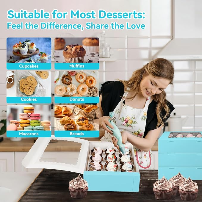 3-Set Cupcake Boxes Bulk with Clear Display Window Hold 12 Standard Cupcakes, Disposable Food Grade Blue Cupcake Carrier Cupcake Container, Perfect for Cupcakes Muffins Cookies Pastries