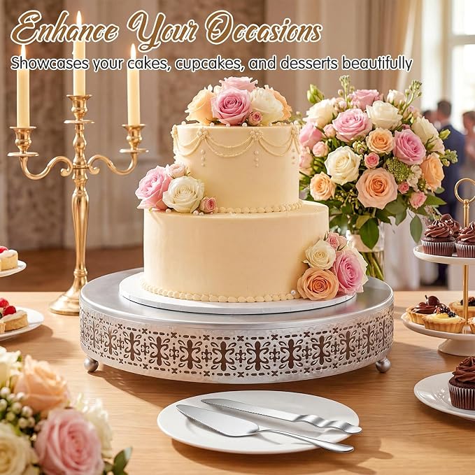 Wenqik Silver Cake Stand 14 Inch Metal Round Cupcake Dessert Wedding Cake Stand with Cutting & Spatula Cookies Display Holder Fruit Serving Tray for Table Wedding Birthday Anniversary Party