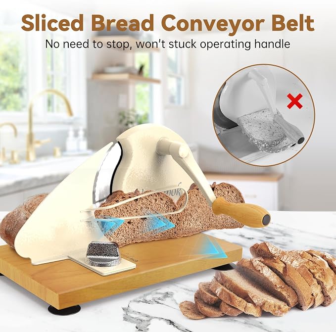 Upgrade Manual Bread Slicer for Homemade Sourdough Bread, Classic Hand Crank Home Bread Slicer With Scale Line and Steel Fence, Sharp Blade, Adjustable Width for Homemade & Commercial Use