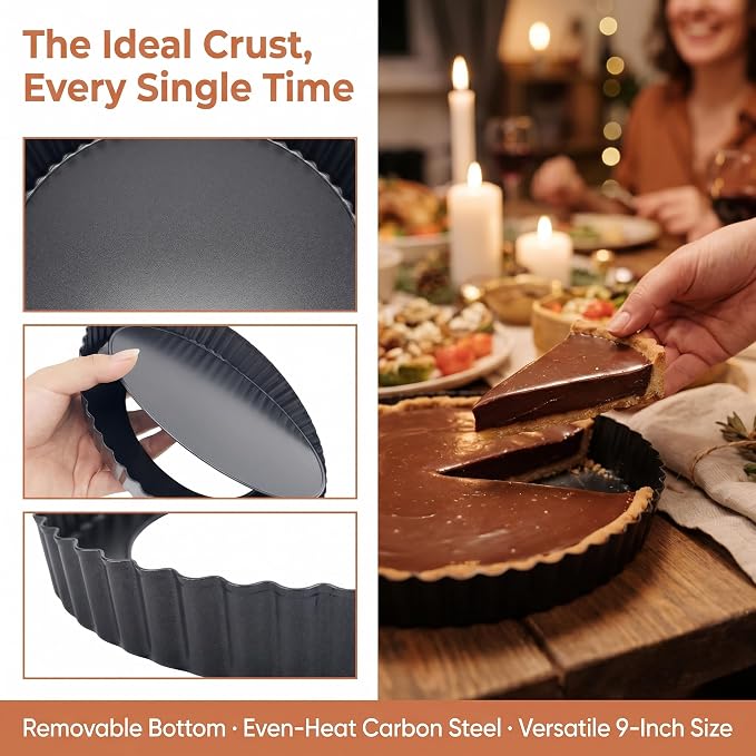 9 Inch Black Classic Round Tart Pan with Removable Bottom – Nonstick & Versatile Bakeware for Quiche, Pies, Cheesecakes, and Holiday Desserts (Wedding, Valentine's Day, Christmas, Birthday)