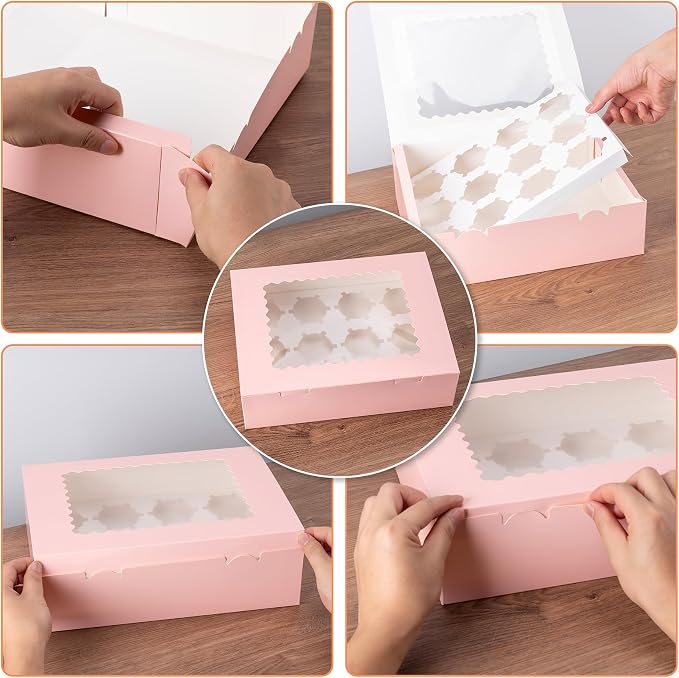 Hoewina 12PCS Cupcake Boxes - Hold 12 Count Cupcake Containers with Window, Food Grade Cupcake Holder Easy Transport and Presentation - Ideal for Cupcakes, Desserts, and More (Pink)