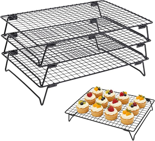 3 Pack Stackable Cooling Racks for Cooking and Baking Carbon Steel Cooling Rack with Collapsible Legs Nonstick Wire Rack for Cooling Cookie, Cake, Roasting, Grilling, Drying, 13.4" x 9.5"