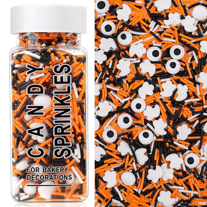 Halloween Sprinkles, Edible Candy Eyes Ghost Mix Halloween Cake Decorations, 4.6oz Black White Orange Jimmies Sprinkles for Cake Decorating