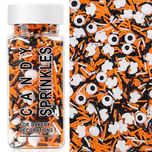 Halloween Sprinkles, Edible Candy Eyes Ghost Mix Halloween Cake Decorations, 4.6oz Black White Orange Jimmies Sprinkles for Cake Decorating