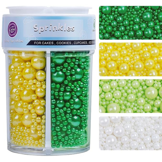 ST Patricks Day Sprinkles for Cake Decorating, 7.8oz Pearl Sprinkles 4 Colors Mix Spring Green Yellow White Pearls for Cake Cupcake Cookie Baking Donuts Ice Cream Toppings