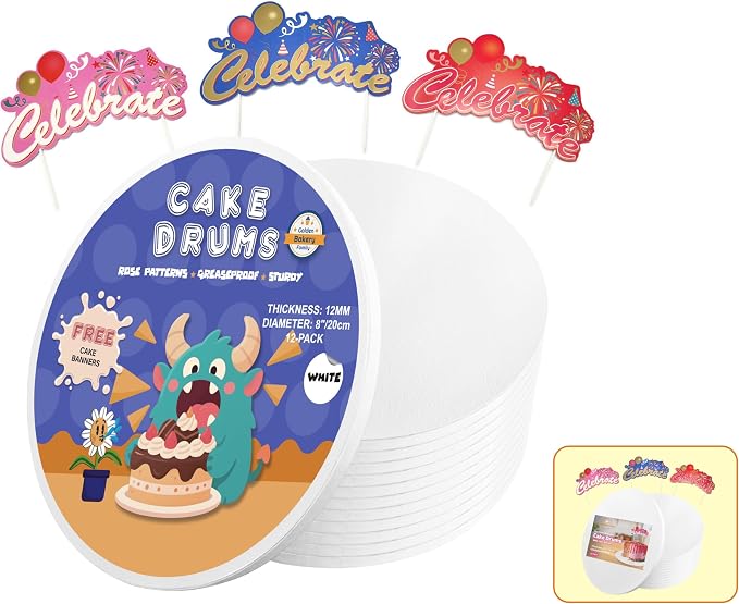 8 Inch Cake Drums,Cake Board 8 Inch Round White(12-Pack) 1/2 Inch Thick Cake Boards with Banner Cake Topper-Sturdy,Greaseproof for Birthday Wedding Multi-Tiered Party Cake Boards